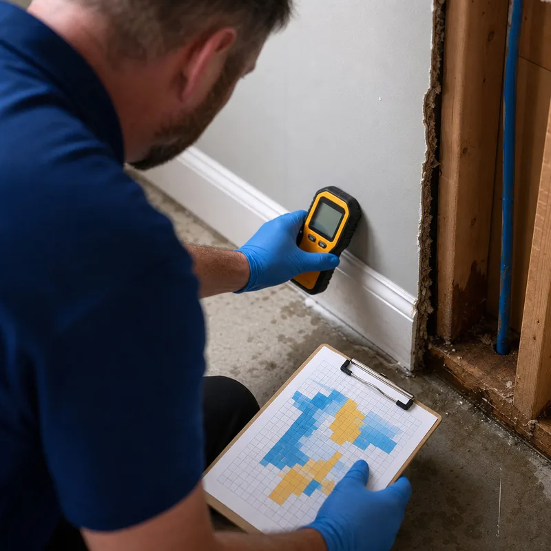 Technician taking moisture meter readings along baseboards and drywall with a moisture map clipboard