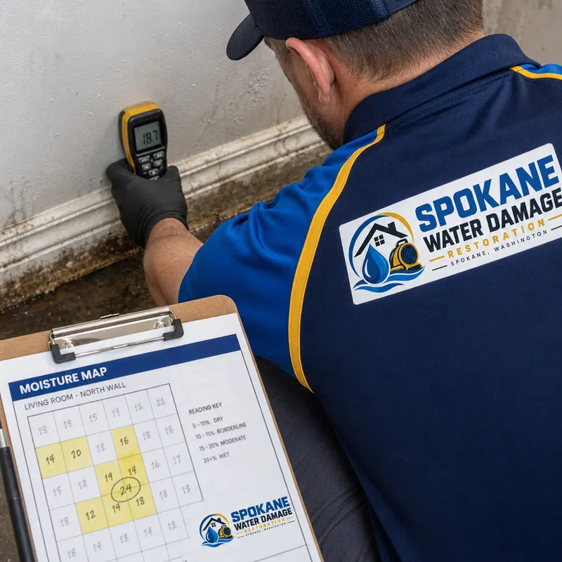 Technician taking moisture meter readings along baseboards and drywall with a moisture map clipboard