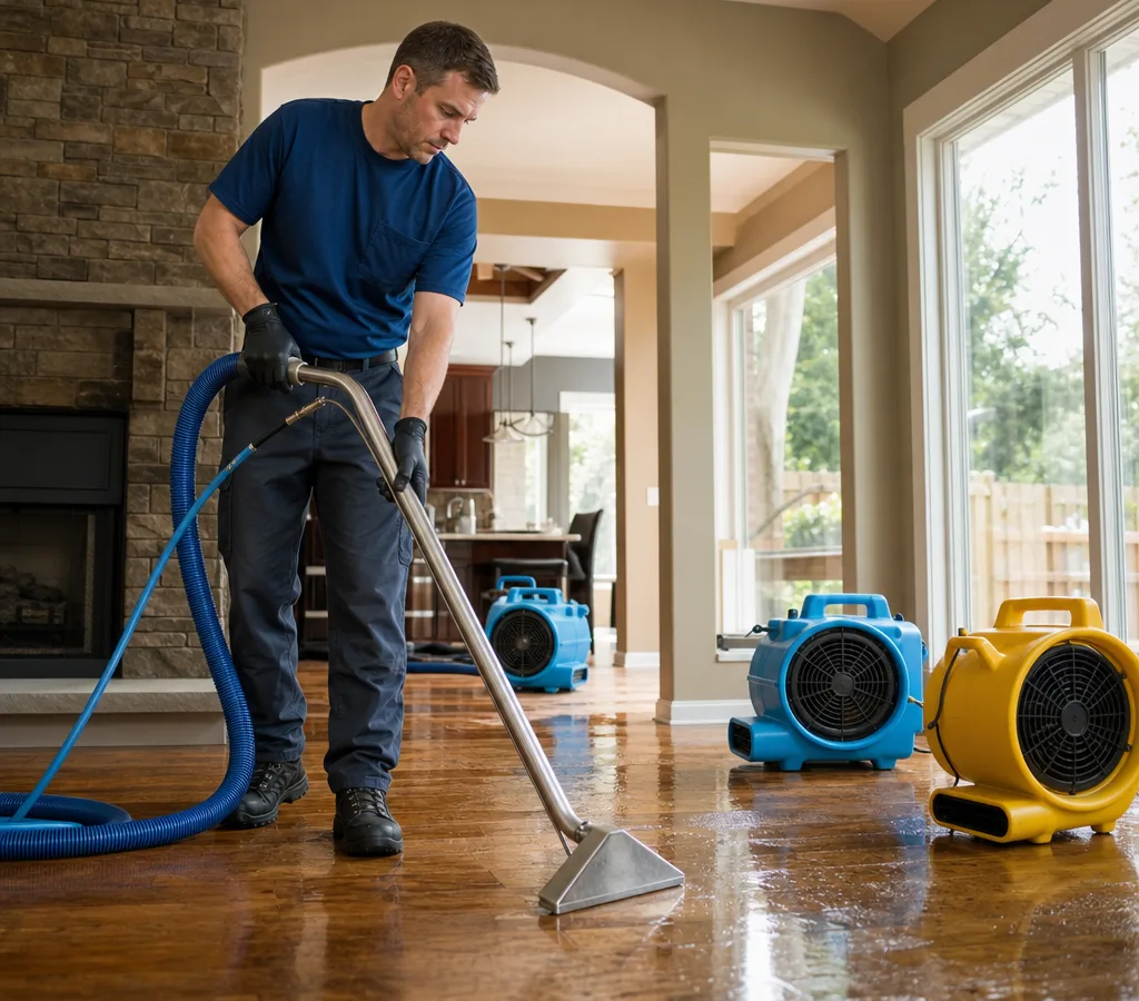 Technician in protective gear using a water extraction wand in a Spokane-area living room with air movers staged