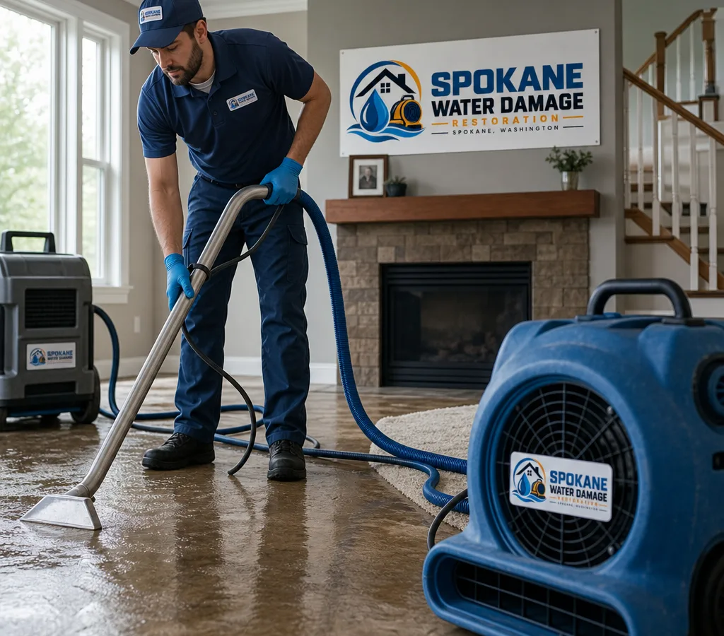 Technician in protective gear using a water extraction wand in a Spokane-area living room with air movers staged