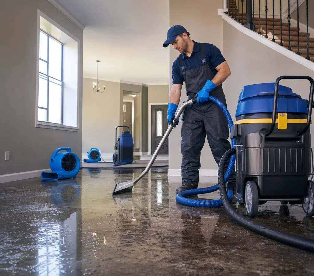 Technician using a commercial water extractor in a Spokane home with air movers nearby