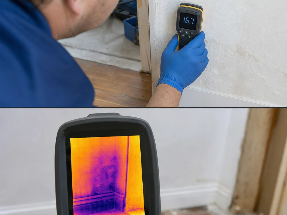 Moisture meter and thermal imaging camera revealing moisture behind drywall