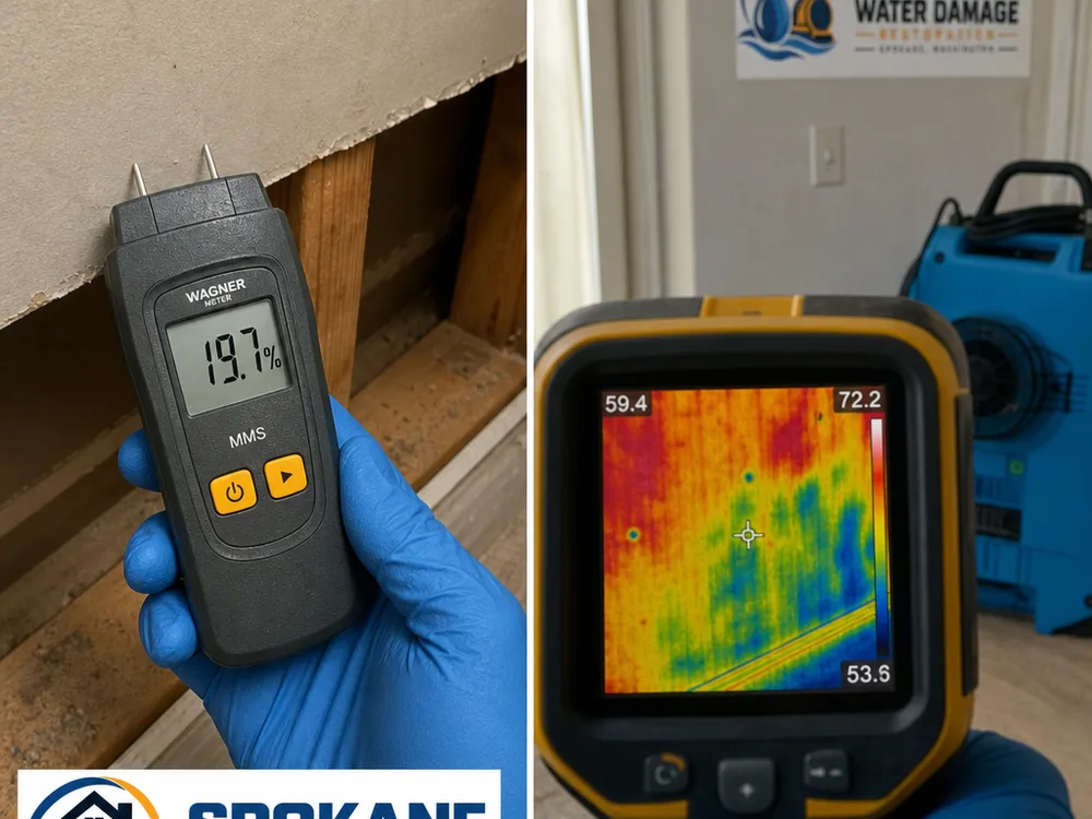 Moisture meter and thermal imaging camera revealing moisture behind drywall