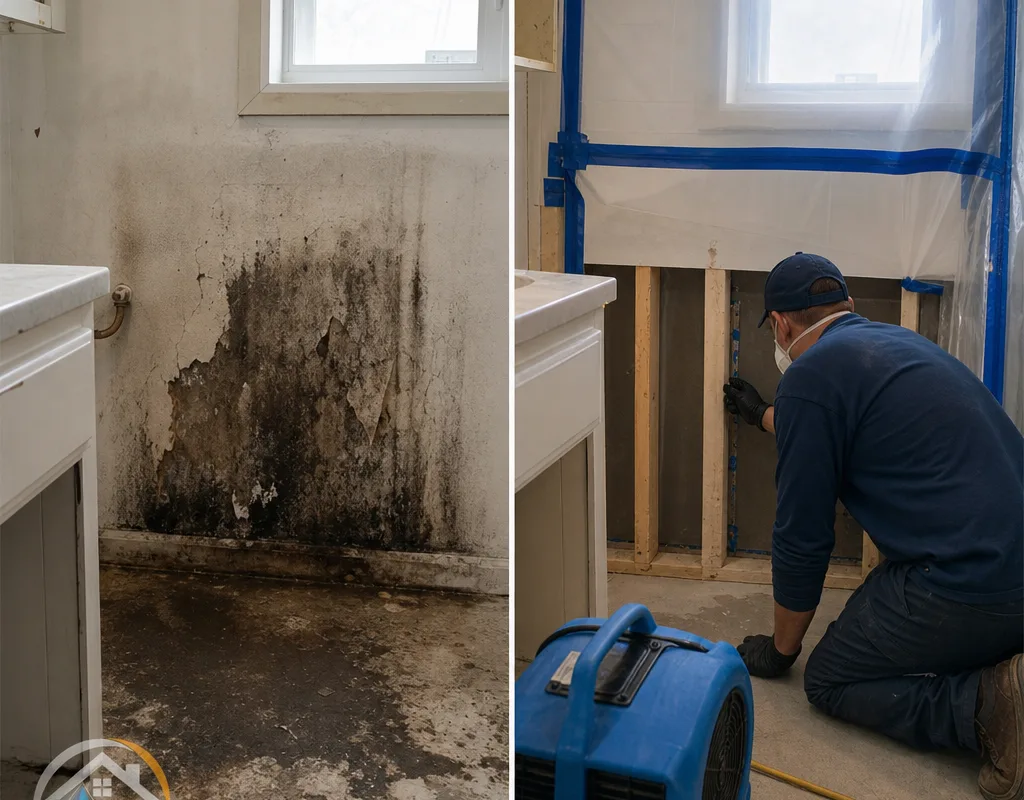 Before-and-after view of a mold-damaged bathroom vanity wall cleaned inside containment and ready for rebuild