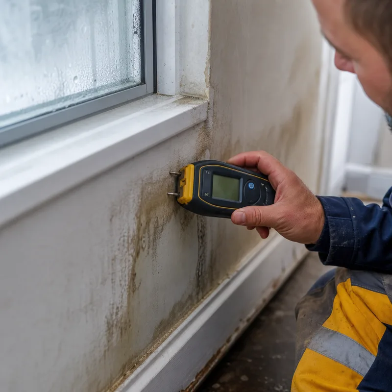Moisture meter reading taken on stained drywall and baseboard near a window