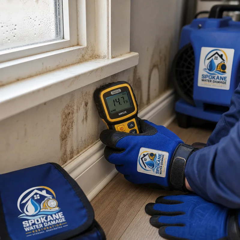 Moisture meter reading taken on stained drywall and baseboard near a window