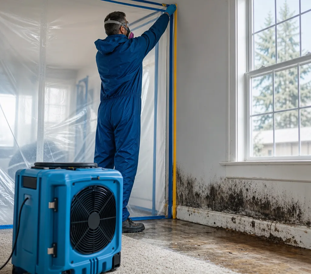 Technician setting up plastic containment and a HEPA air scrubber near visible mold staining in a Spokane home