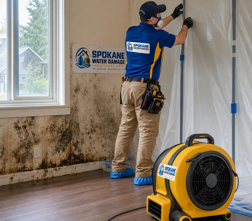 Technician setting up plastic containment and a HEPA air scrubber near visible mold staining in a Spokane home