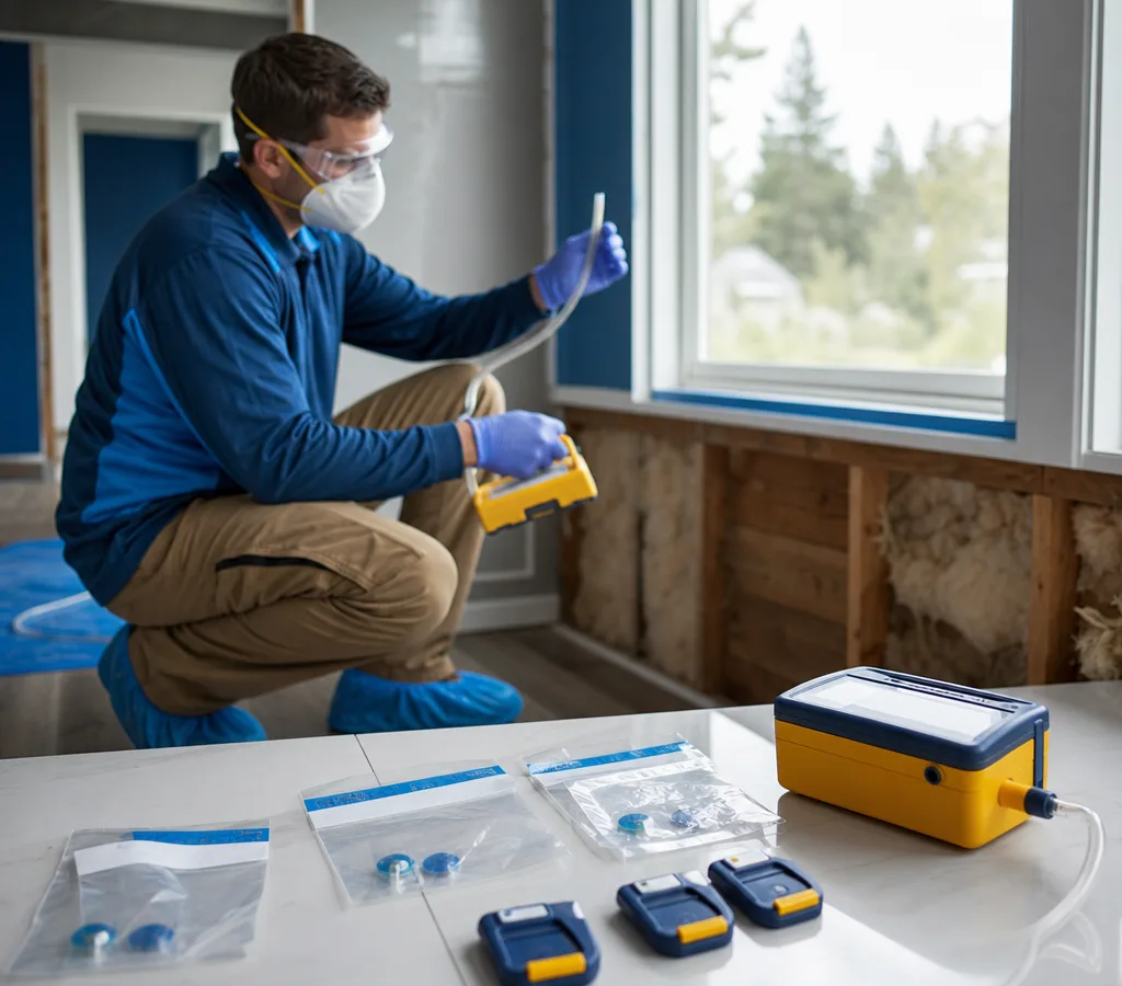 Inspector in protective equipment collecting an air sample with a calibrated pump inside a Spokane-area home