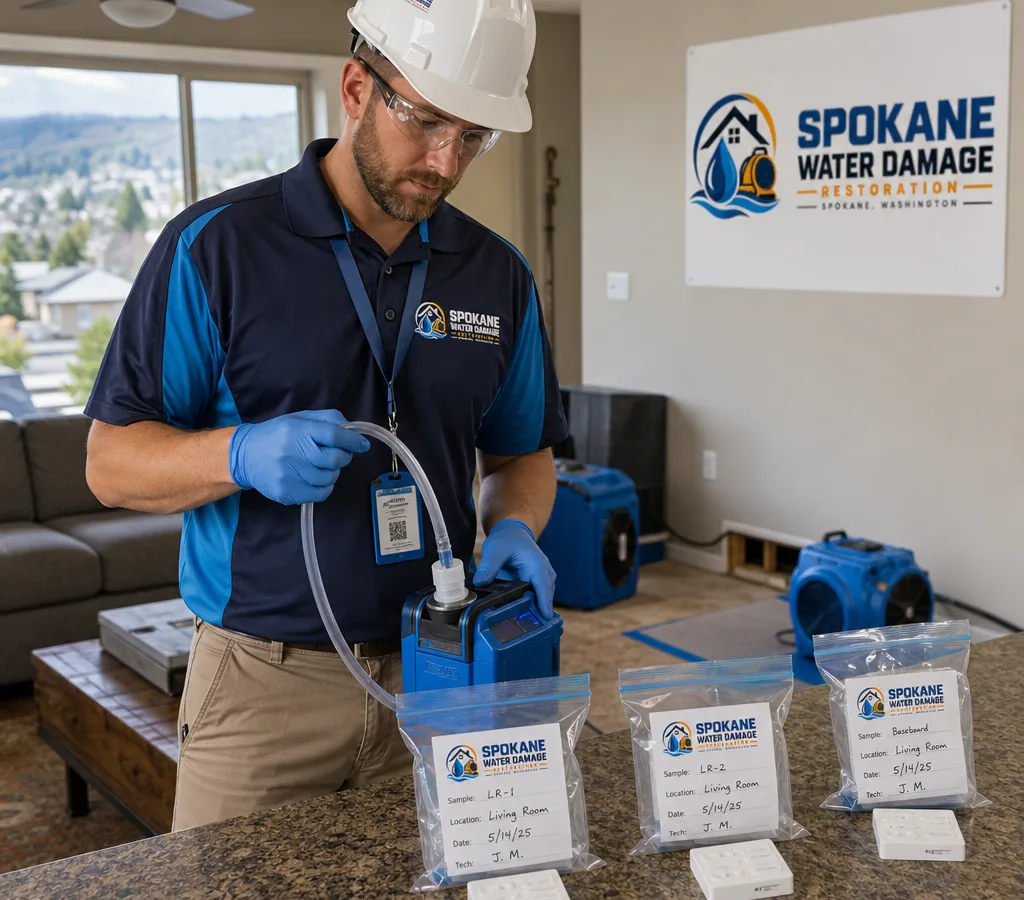 Inspector in protective equipment collecting an air sample with a calibrated pump inside a Spokane-area home