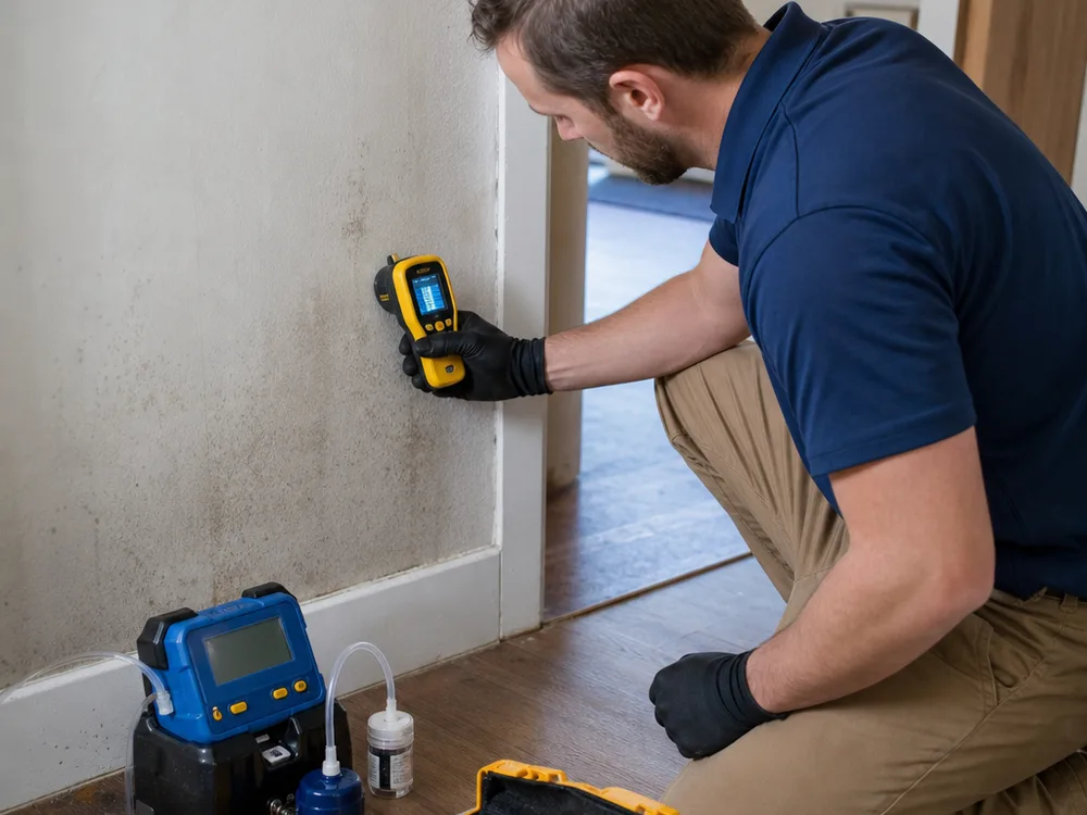 Moisture meter reading on drywall near a baseboard with an air sampling pump and cassette staged nearby