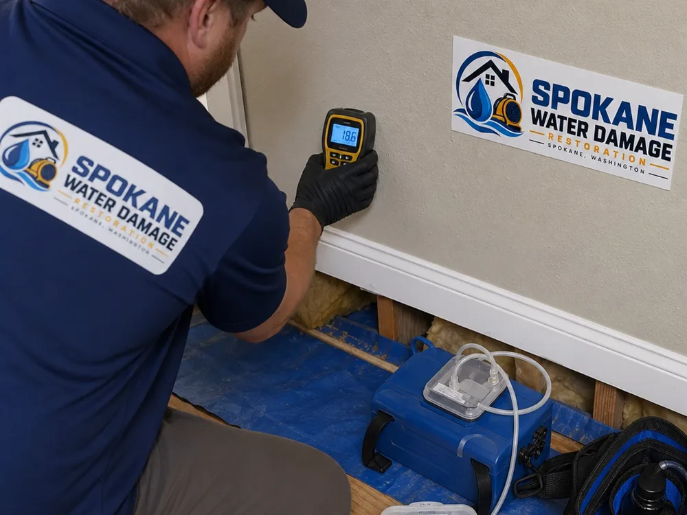 Moisture meter reading on drywall near a baseboard with an air sampling pump and cassette staged nearby