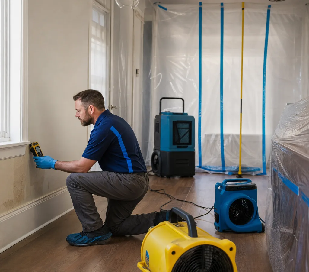 Certified restoration technician in a Spokane home setting up air movers and a dehumidifier while taking moisture readings on drywall