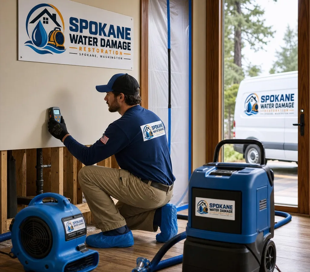 Certified restoration technician in a Spokane home setting up air movers and a dehumidifier while taking moisture readings on drywall