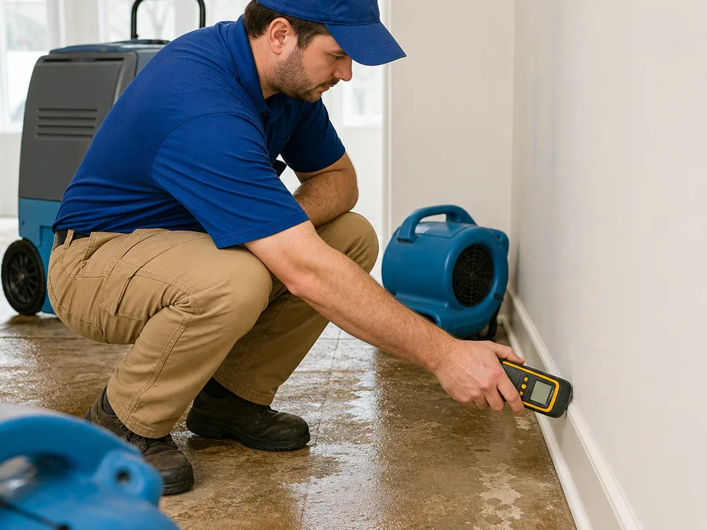 Technician using a moisture meter on drywall and baseboard near air movers and a dehumidifier in a contained drying area