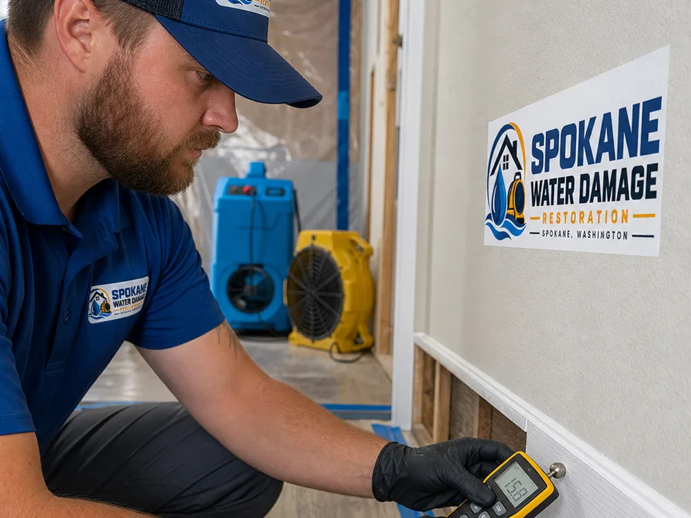 Technician using a moisture meter on drywall and baseboard near air movers and a dehumidifier in a contained drying area