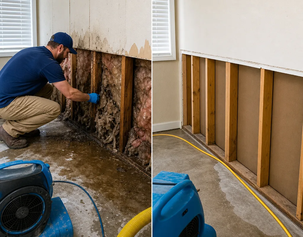 Before and after view of water-damaged drywall and insulation removed, dried, and prepared for replacement