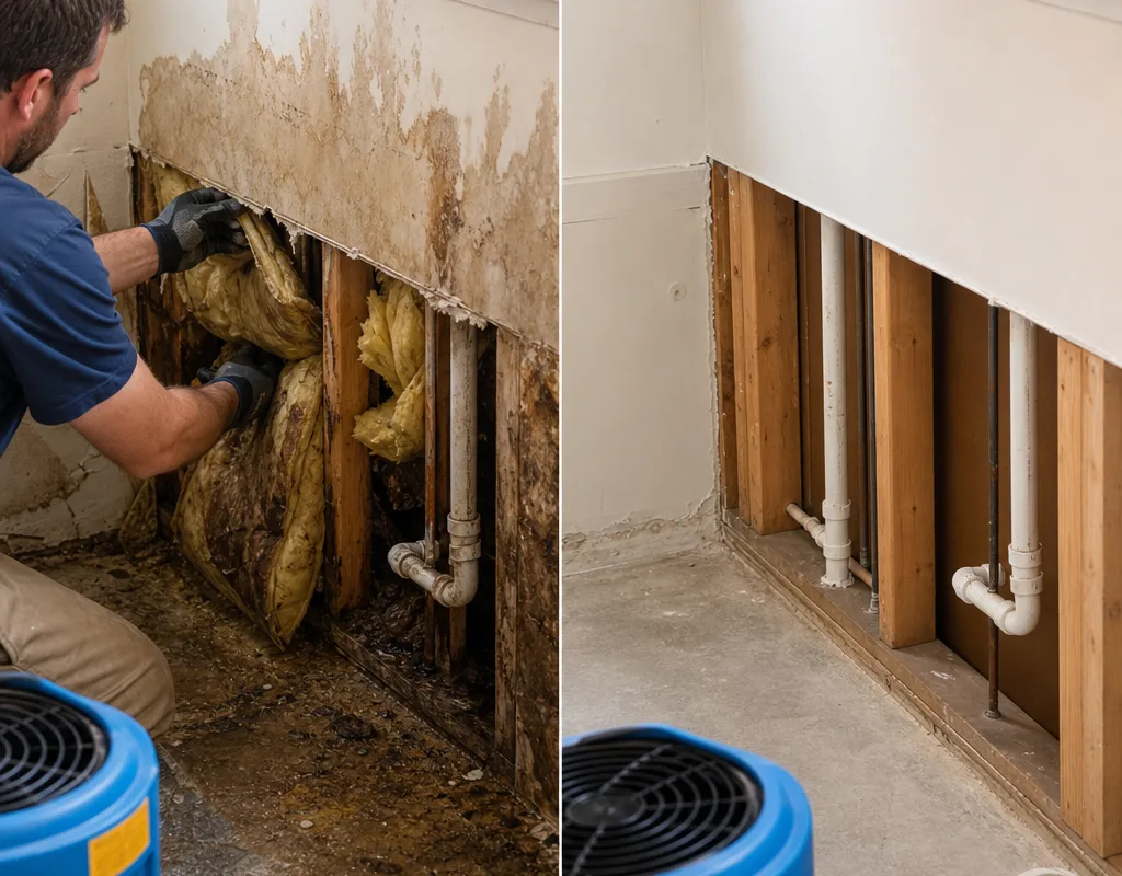 Before and after view of water-damaged drywall and insulation removed, dried, and prepared for replacement