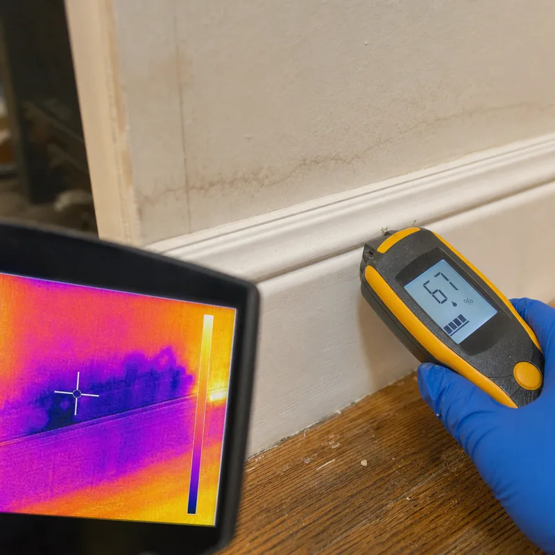 Moisture meter reading on a baseboard and drywall beside a thermal image showing wet areas behind the wall