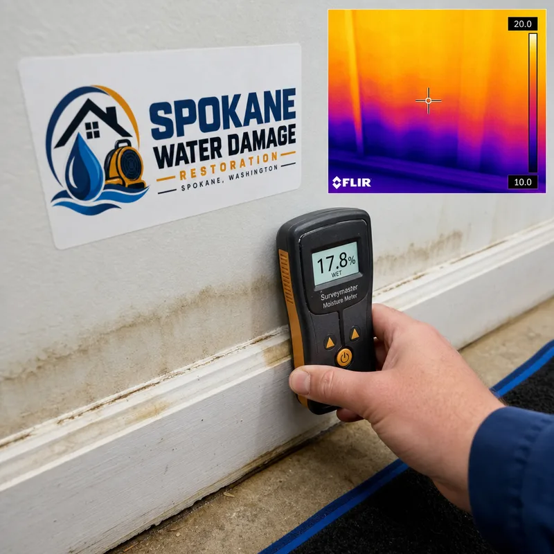 Moisture meter reading on a baseboard and drywall beside a thermal image showing wet areas behind the wall