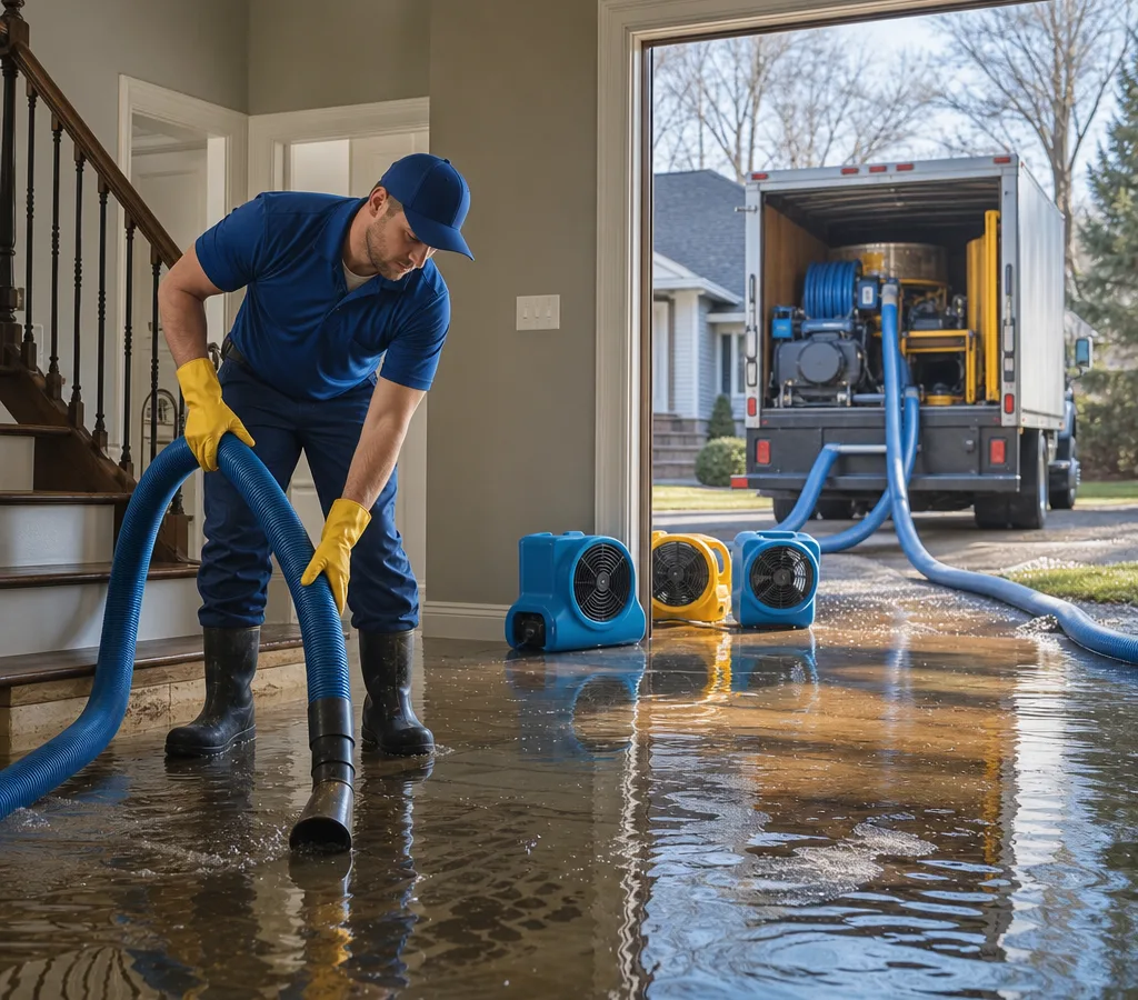 Technician in protective gear extracting standing water from a Spokane home with hoses leading to a truck and air movers staged for drying