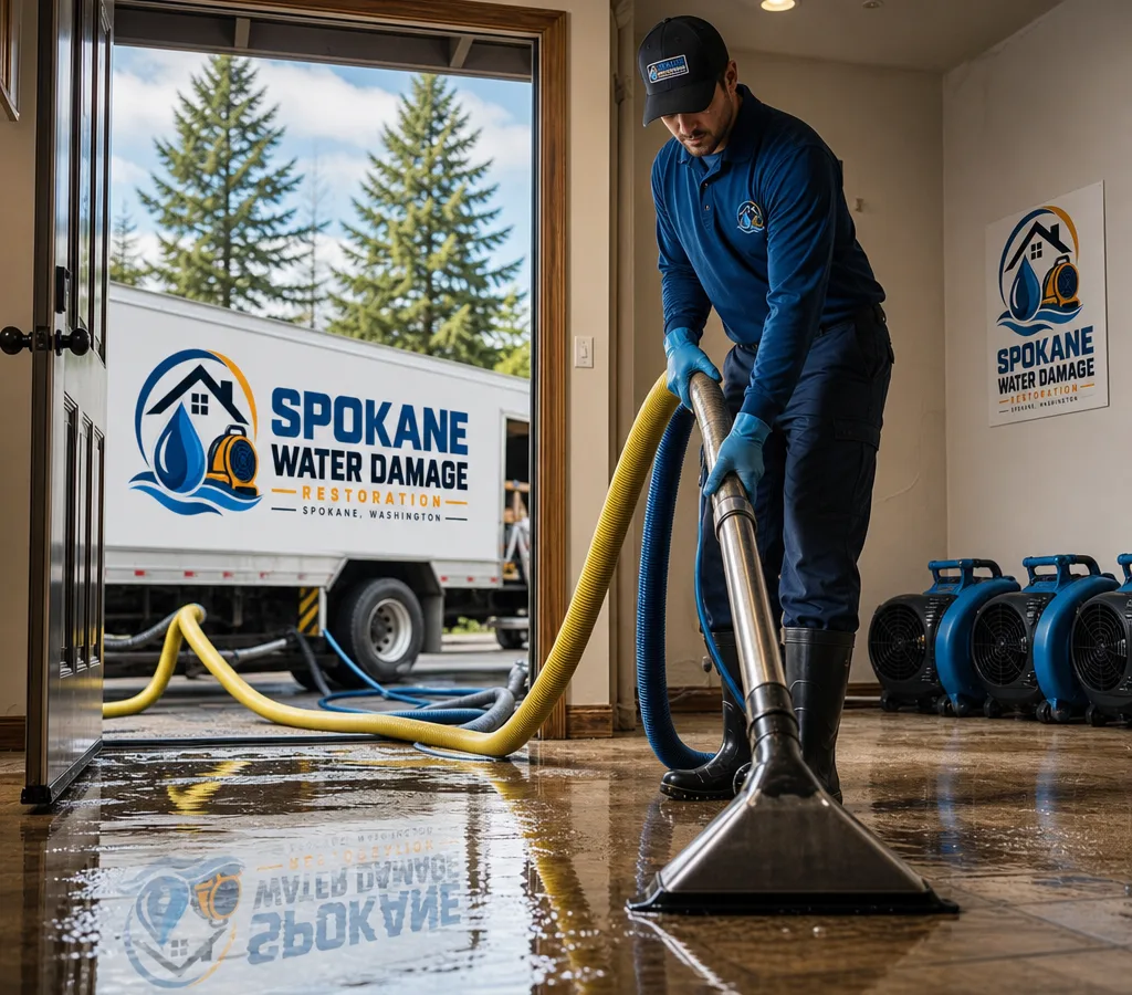 Technician in protective gear extracting standing water from a Spokane home with hoses leading to a truck and air movers staged for drying