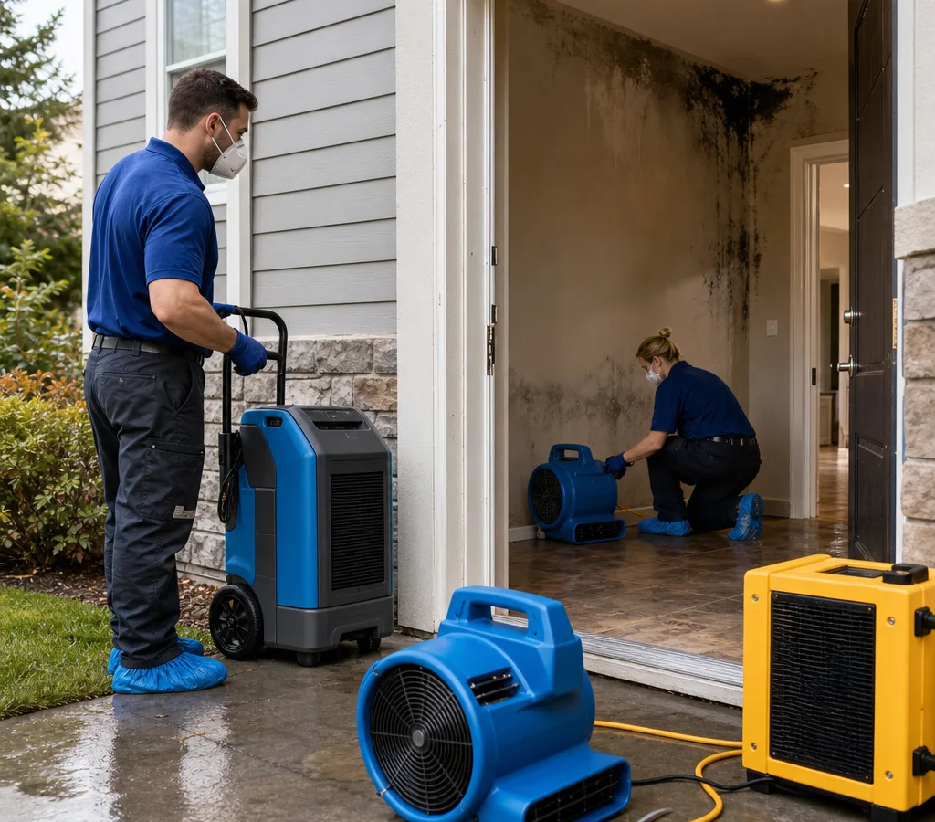 Technicians in protective equipment at a Spokane home with air movers, a dehumidifier, a HEPA air scrubber, and light smoke staining