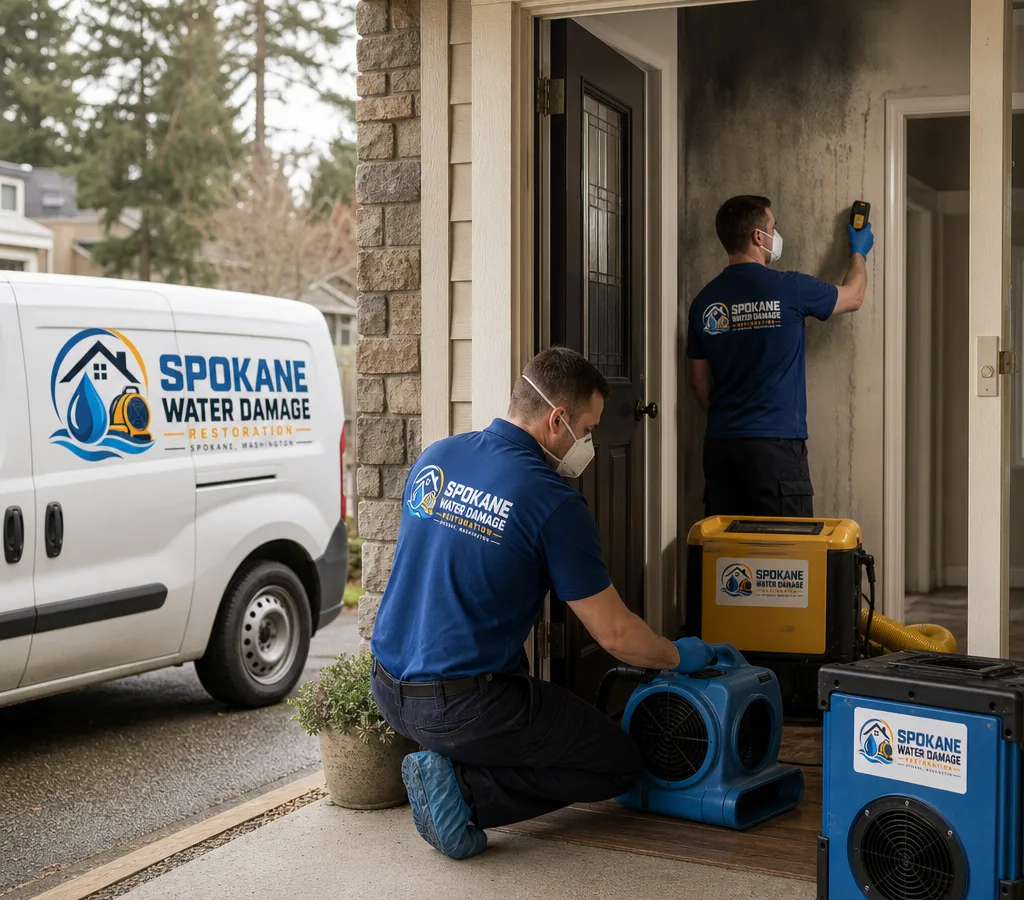 Technicians in protective equipment at a Spokane home with air movers, a dehumidifier, a HEPA air scrubber, and light smoke staining