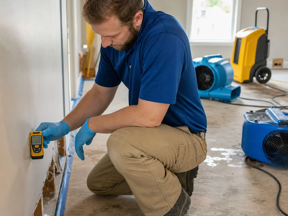 Technician taking moisture readings on drywall and baseboard while air movers and a dehumidifier operate