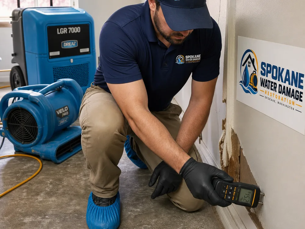 Technician taking moisture readings on drywall and baseboard while air movers and a dehumidifier operate