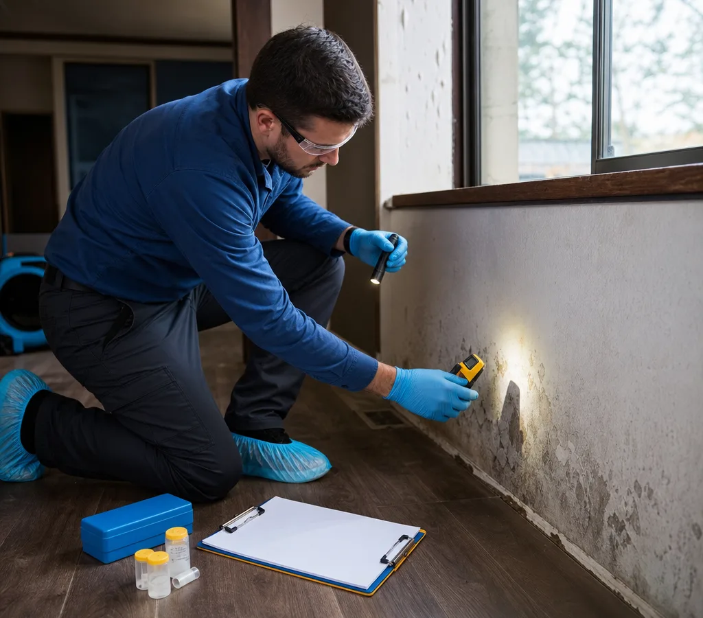 Inspector in protective equipment examining a Spokane home interior with a flashlight and moisture meter near a baseboard and window