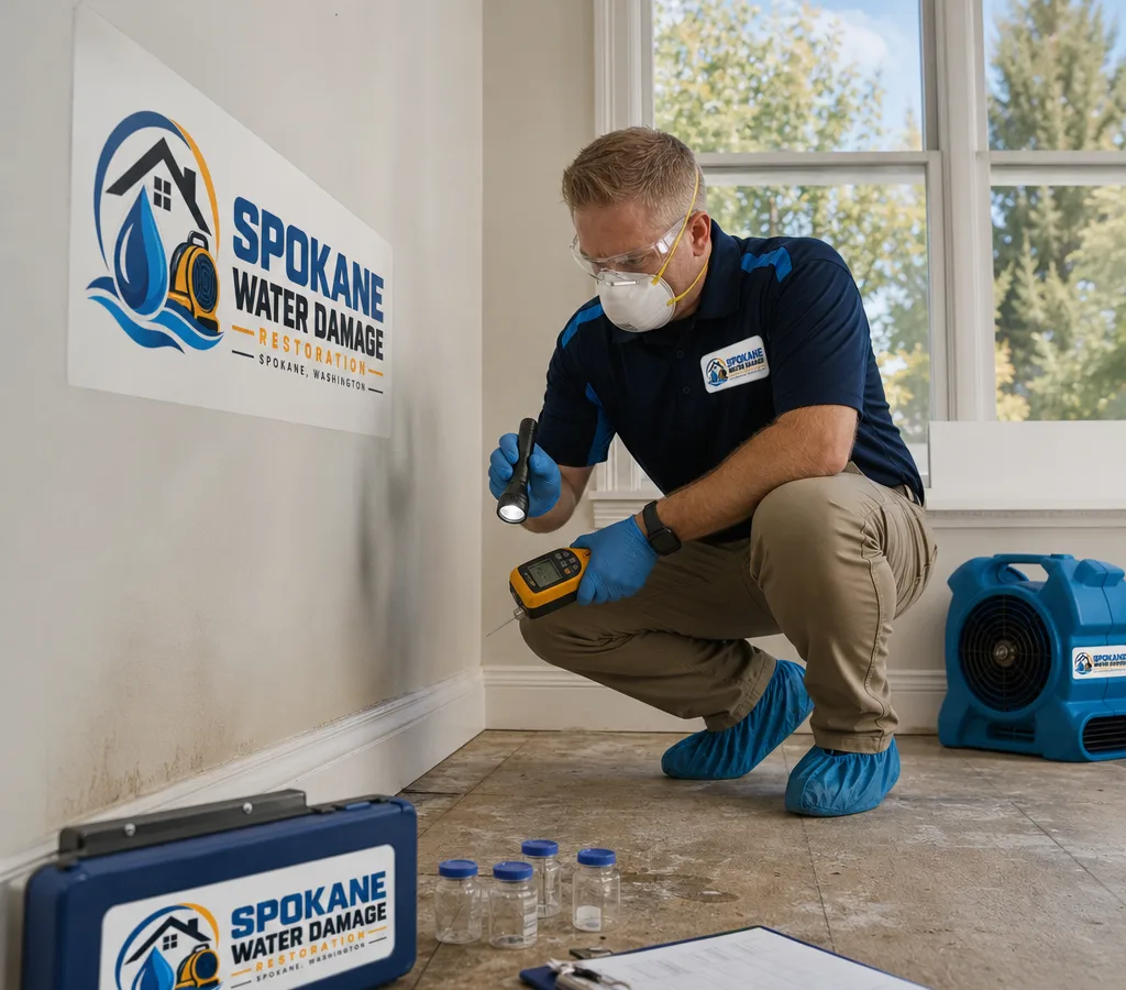Inspector in protective equipment examining a Spokane home interior with a flashlight and moisture meter near a baseboard and window