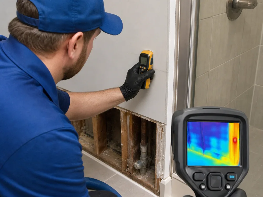 Technician taking a moisture reading on drywall near a shower while a thermal camera shows temperature differences