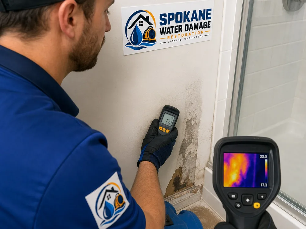 Technician taking a moisture reading on drywall near a shower while a thermal camera shows temperature differences