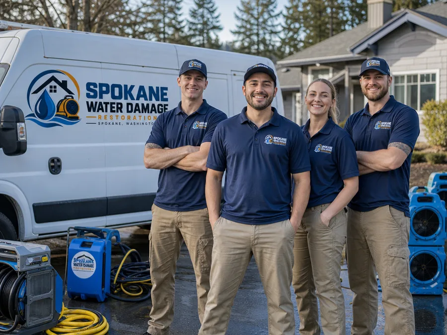 Spokane restoration crew with a work van and drying equipment at a residential property
