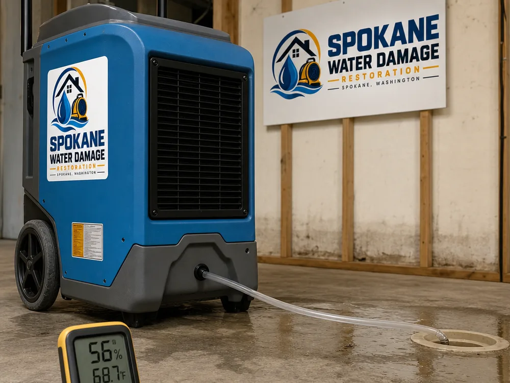 Dehumidifier operating with a condensate line and hygrometer monitoring humidity during structural drying